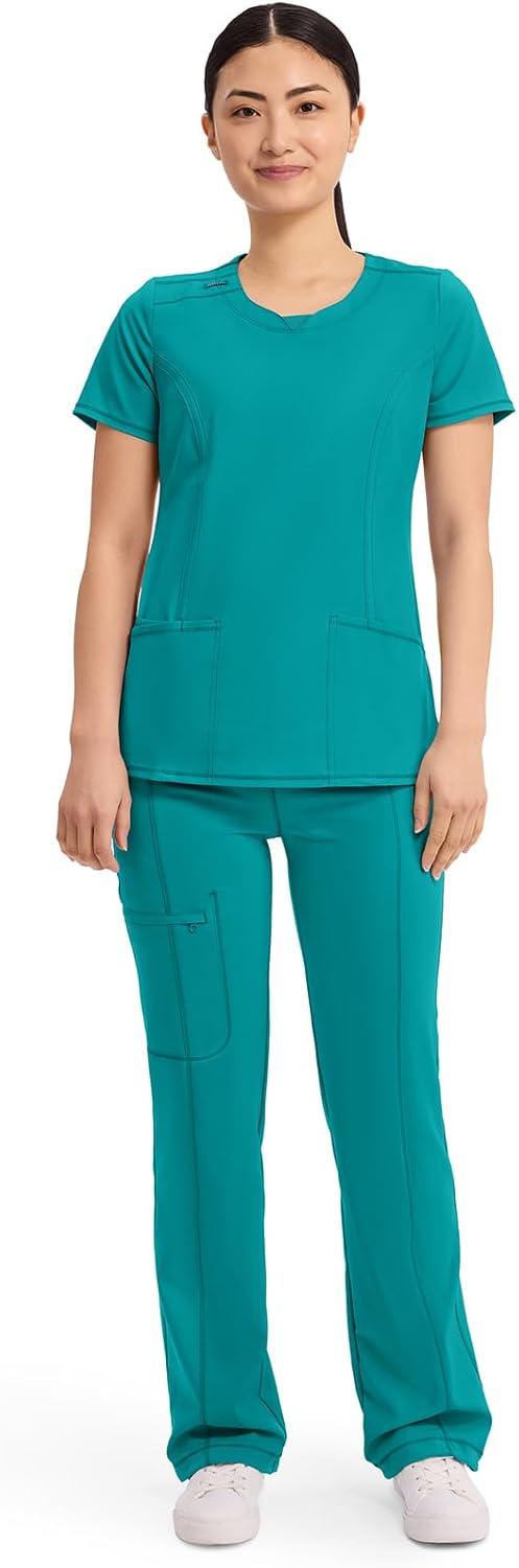imageCherokee Infinity Womens Round Neck Scrub Top Contemporary Fit 3 Pockets RibKnit Panels 360 Stretch 2624ATeal Blue