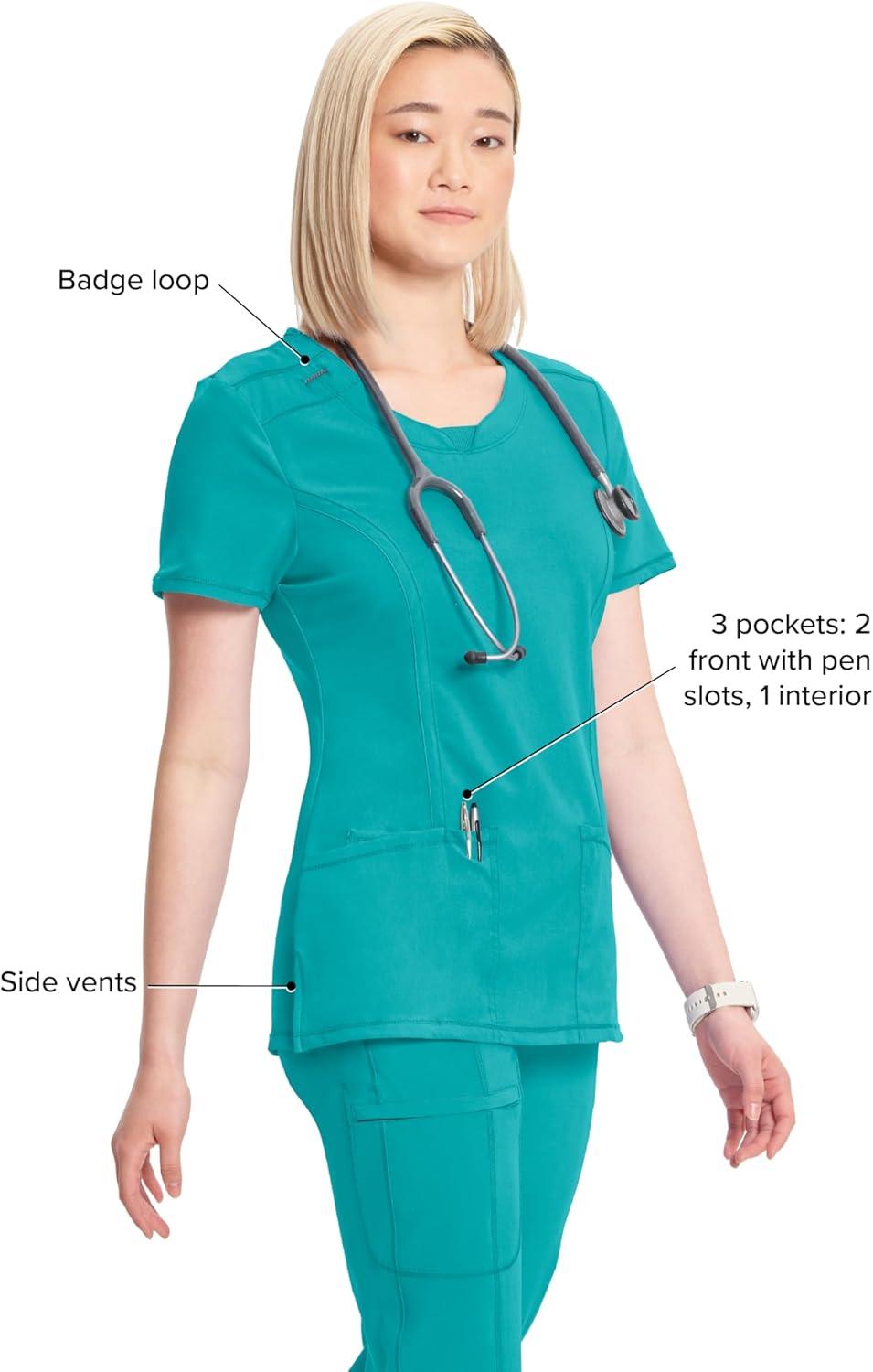 imageCherokee Infinity Womens Round Neck Scrub Top Contemporary Fit 3 Pockets RibKnit Panels 360 Stretch 2624ATeal Blue