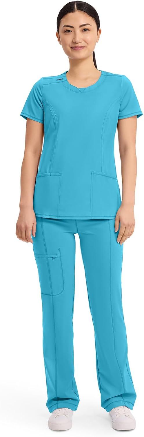 imageCherokee Infinity Womens Round Neck Scrub Top Contemporary Fit 3 Pockets RibKnit Panels 360 Stretch 2624ATurquoise