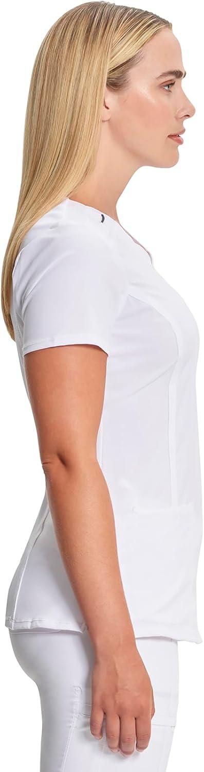 imageCherokee Infinity Womens Round Neck Scrub Top Contemporary Fit 3 Pockets RibKnit Panels 360 Stretch 2624AWhite