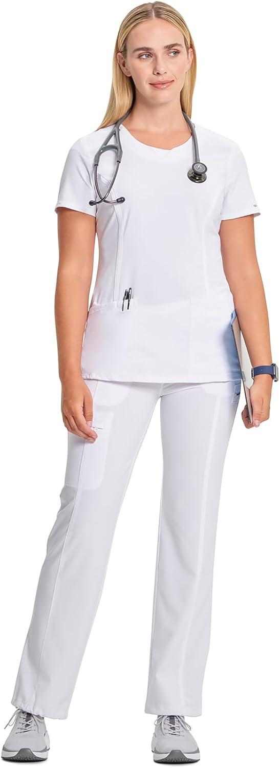 imageCherokee Infinity Womens Round Neck Scrub Top Contemporary Fit 3 Pockets RibKnit Panels 360 Stretch 2624AWhite