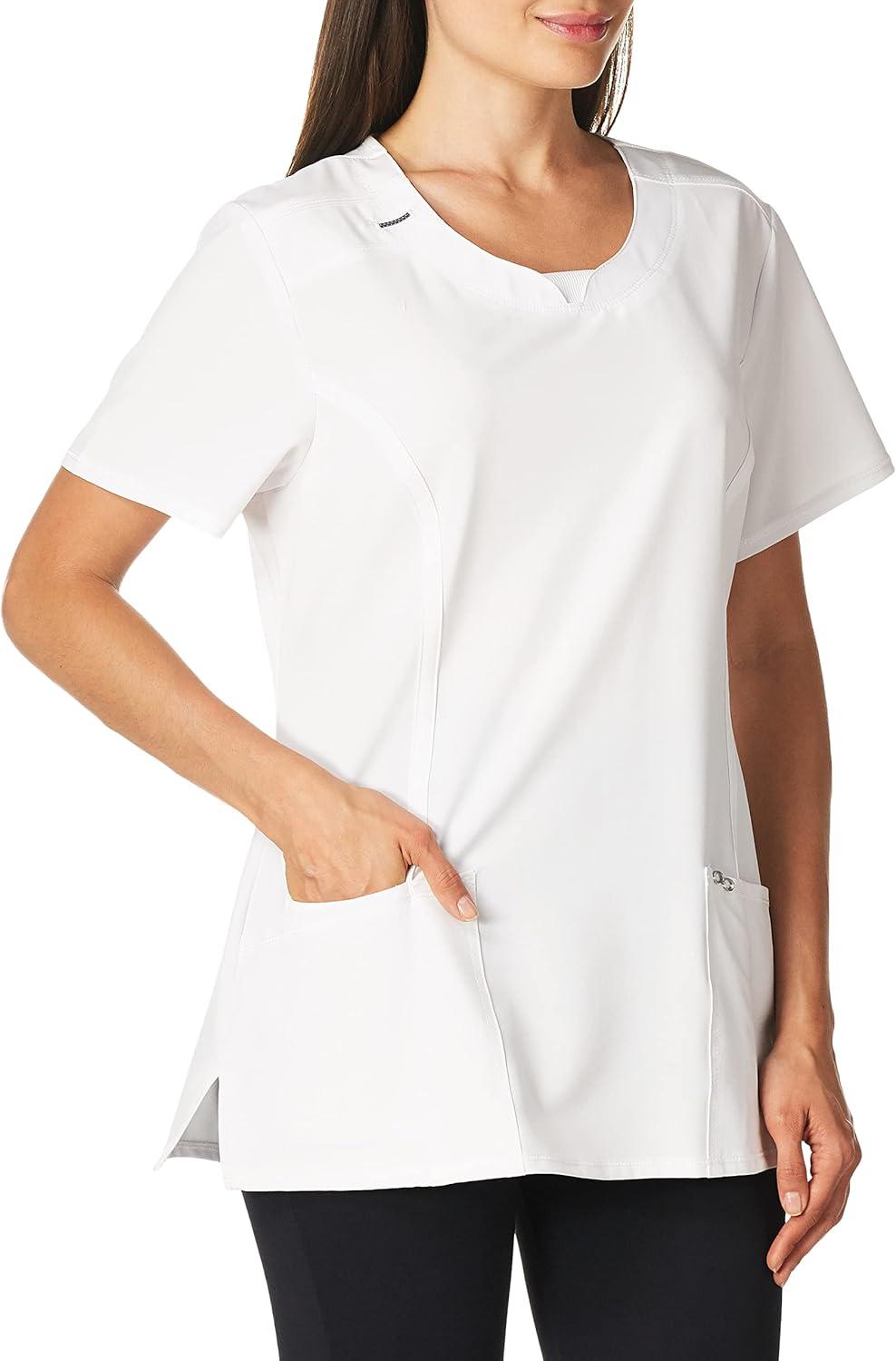 imageCherokee Infinity Womens Round Neck Scrub Top Contemporary Fit 3 Pockets RibKnit Panels 360 Stretch 2624AWhite