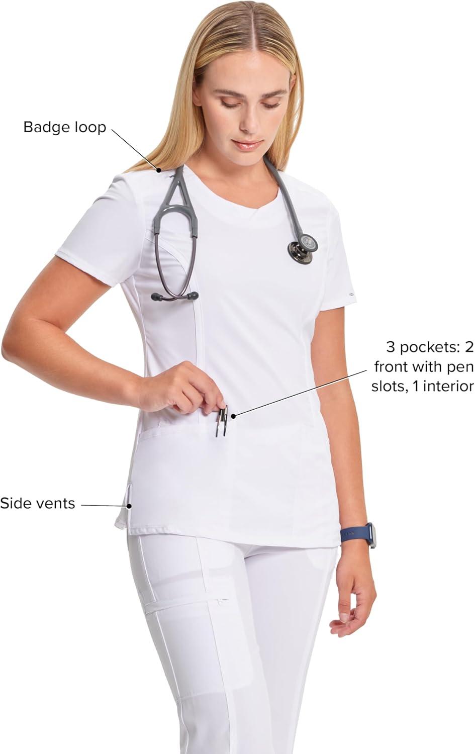 imageCherokee Infinity Womens Round Neck Scrub Top Contemporary Fit 3 Pockets RibKnit Panels 360 Stretch 2624AWhite