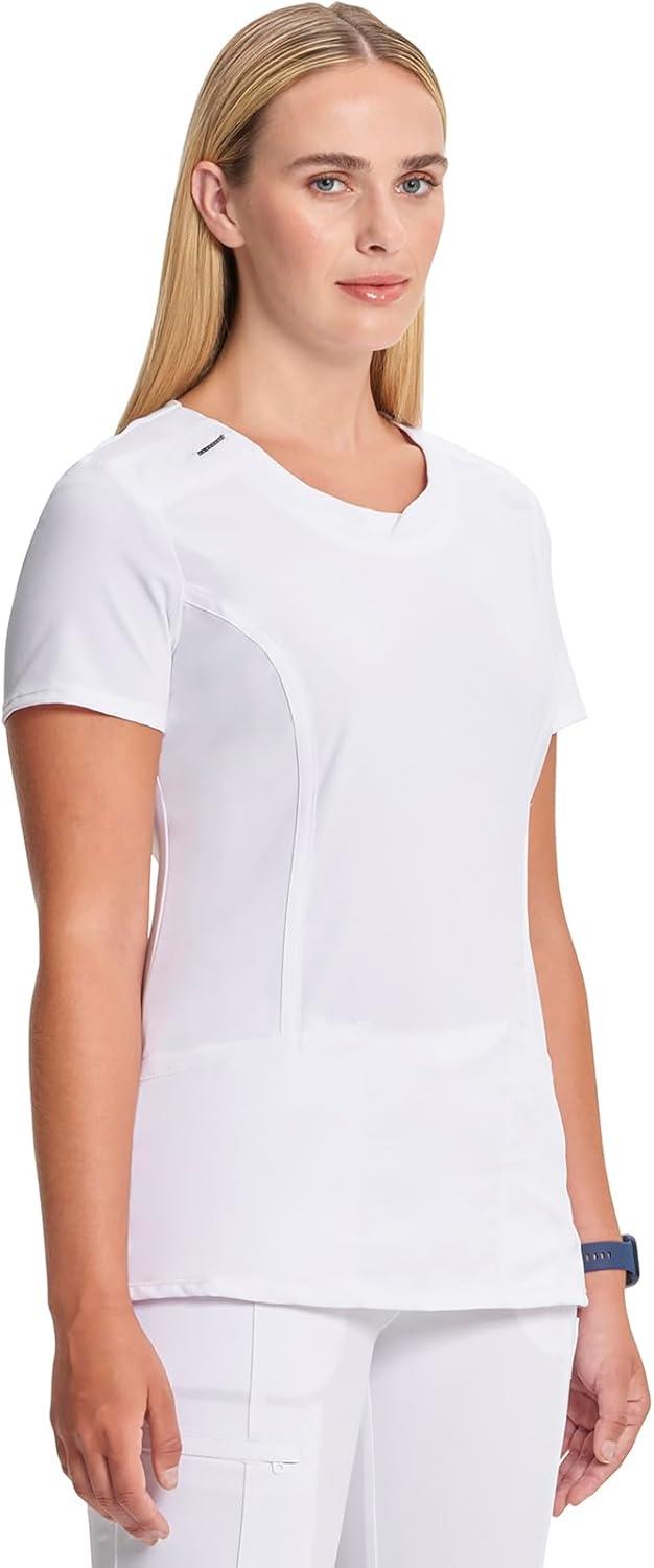 imageCherokee Infinity Womens Round Neck Scrub Top Contemporary Fit 3 Pockets RibKnit Panels 360 Stretch 2624AWhite