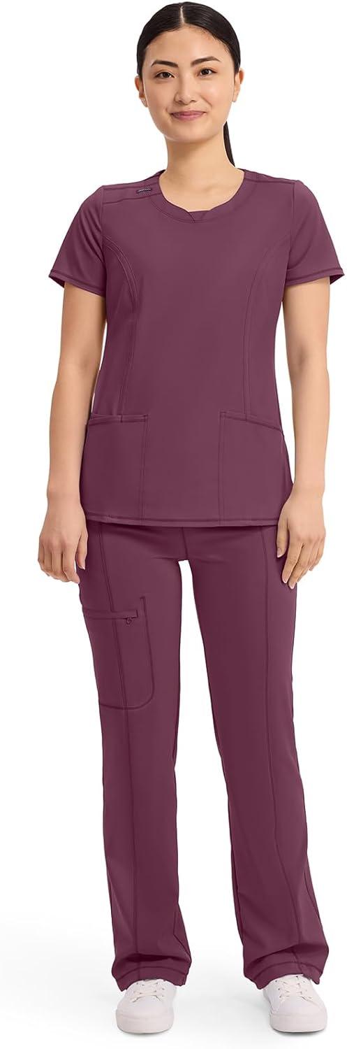 imageCherokee Infinity Womens Round Neck Scrub Top Contemporary Fit 3 Pockets RibKnit Panels 360 Stretch 2624AWine