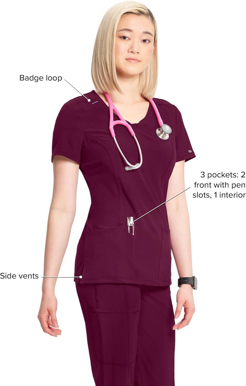 imageCherokee Infinity Womens Round Neck Scrub Top Contemporary Fit 3 Pockets RibKnit Panels 360 Stretch 2624AWine