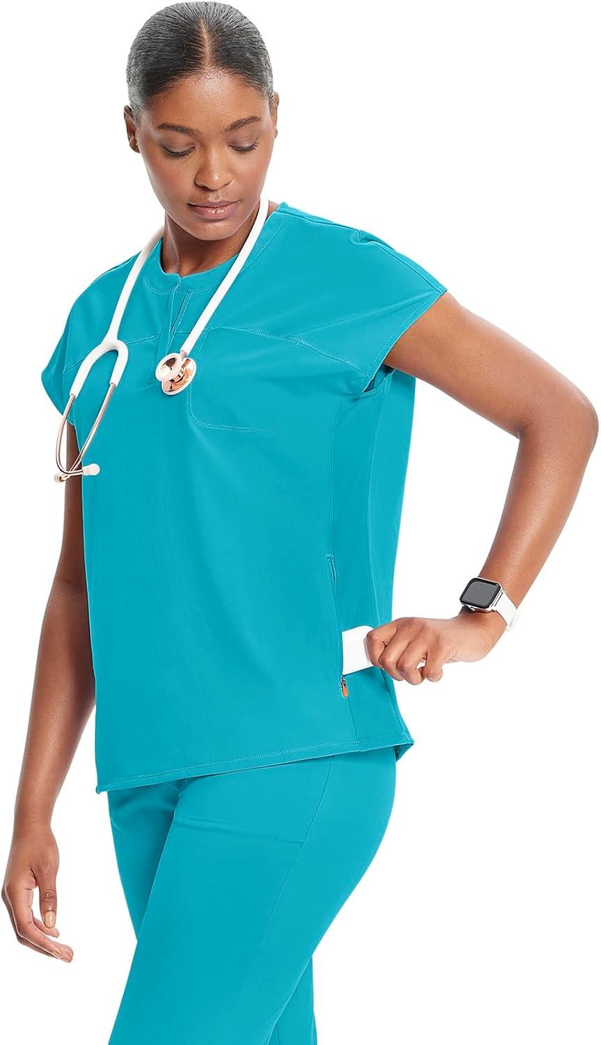 imageCherokee Infinity Womens Round Neck Scrub Top Partial Zip Covered Placket 3 Zip Pockets PROTX2 Technology IN622AAquaturque