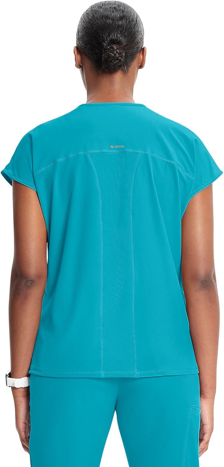 imageCherokee Infinity Womens Round Neck Scrub Top Partial Zip Covered Placket 3 Zip Pockets PROTX2 Technology IN622AAquaturque