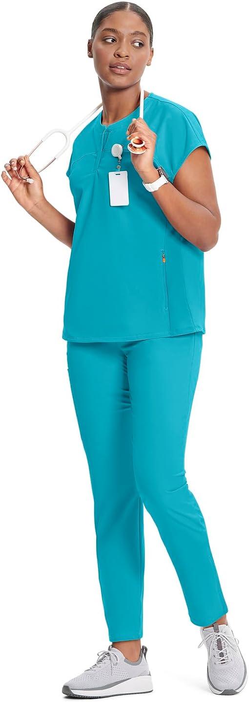 imageCherokee Infinity Womens Round Neck Scrub Top Partial Zip Covered Placket 3 Zip Pockets PROTX2 Technology IN622AAquaturque