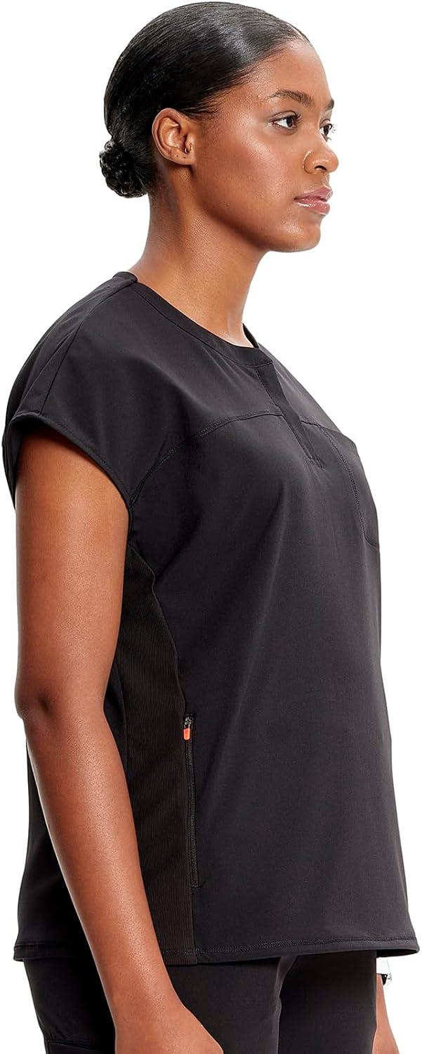 imageCherokee Infinity Womens Round Neck Scrub Top Partial Zip Covered Placket 3 Zip Pockets PROTX2 Technology IN622ABlack