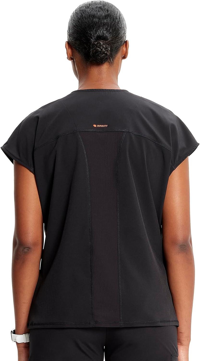 imageCherokee Infinity Womens Round Neck Scrub Top Partial Zip Covered Placket 3 Zip Pockets PROTX2 Technology IN622ABlack
