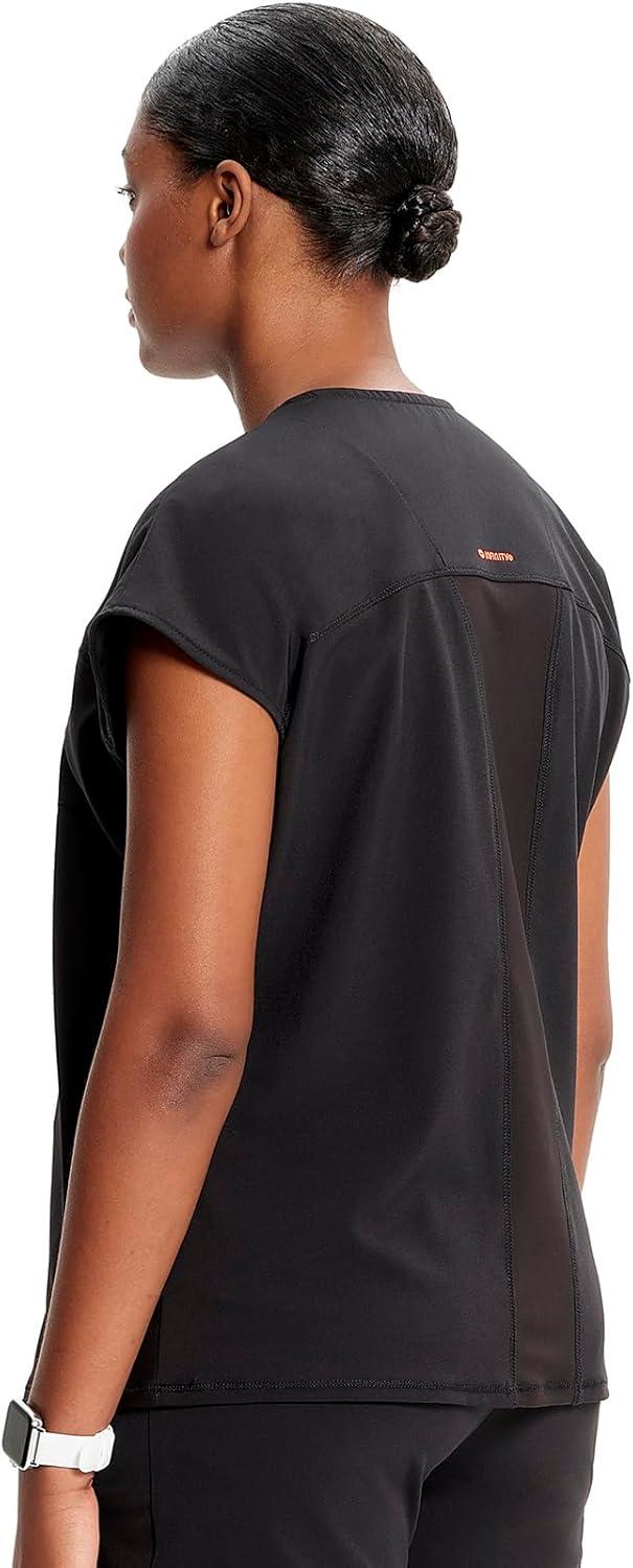 imageCherokee Infinity Womens Round Neck Scrub Top Partial Zip Covered Placket 3 Zip Pockets PROTX2 Technology IN622ABlack