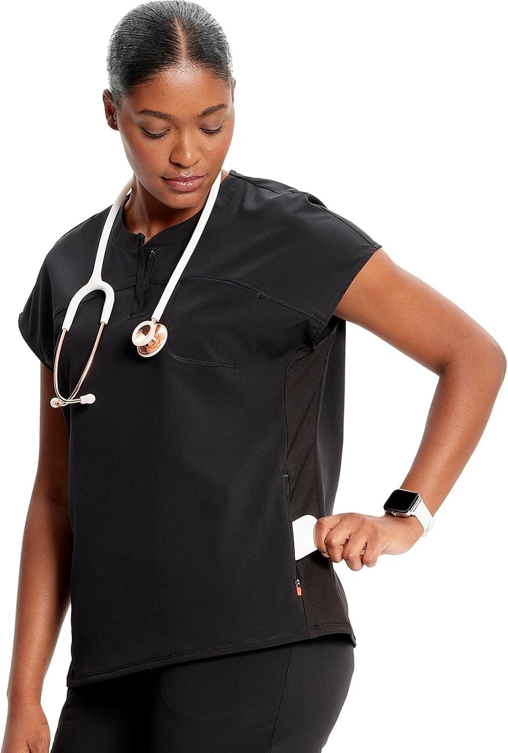 imageCherokee Infinity Womens Round Neck Scrub Top Partial Zip Covered Placket 3 Zip Pockets PROTX2 Technology IN622ABlack