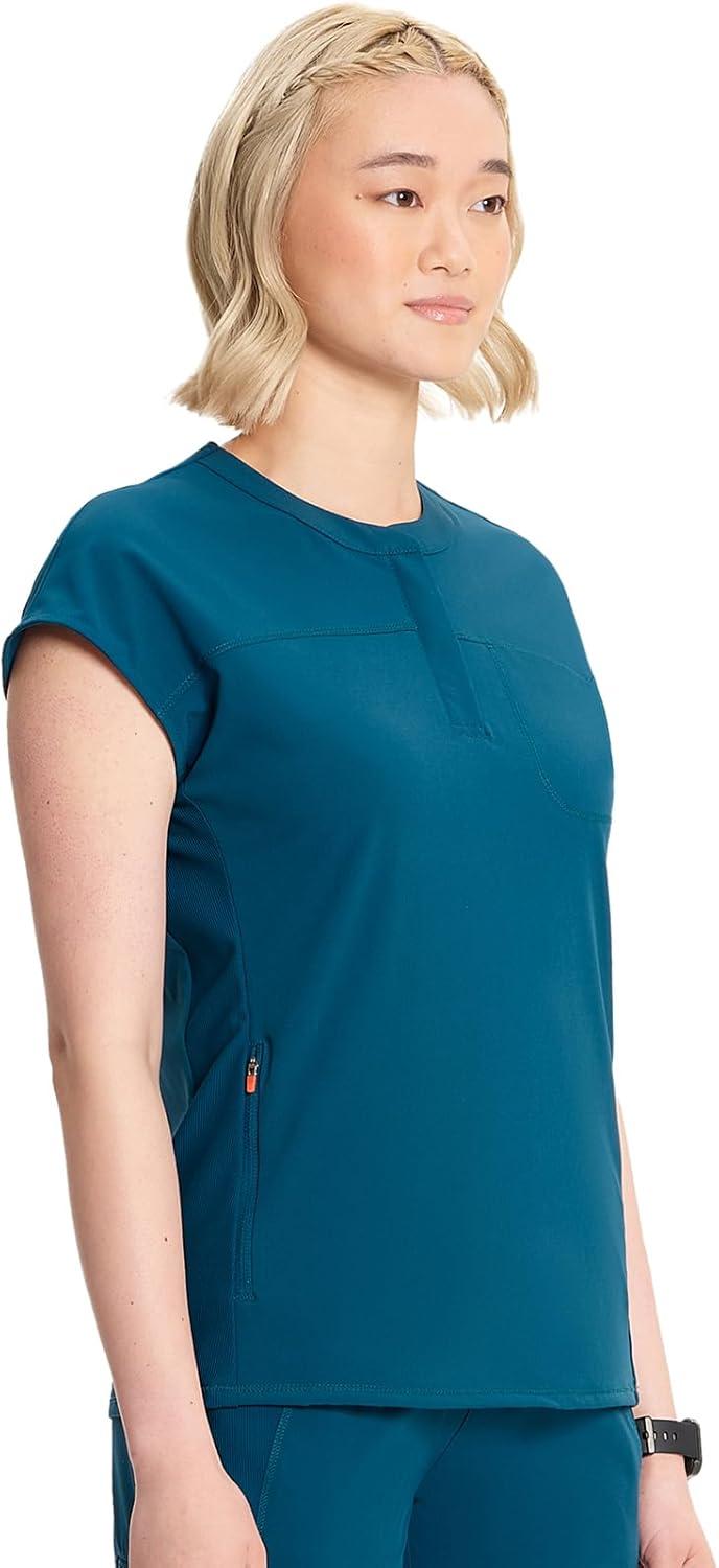 imageCherokee Infinity Womens Round Neck Scrub Top Partial Zip Covered Placket 3 Zip Pockets PROTX2 Technology IN622ACaribbean Blue