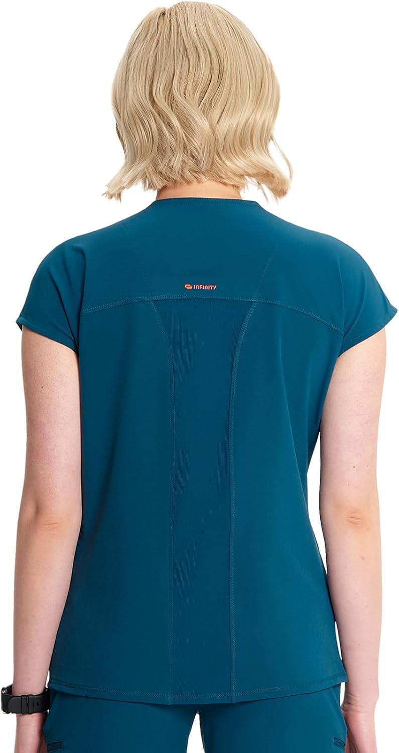 imageCherokee Infinity Womens Round Neck Scrub Top Partial Zip Covered Placket 3 Zip Pockets PROTX2 Technology IN622ACaribbean Blue