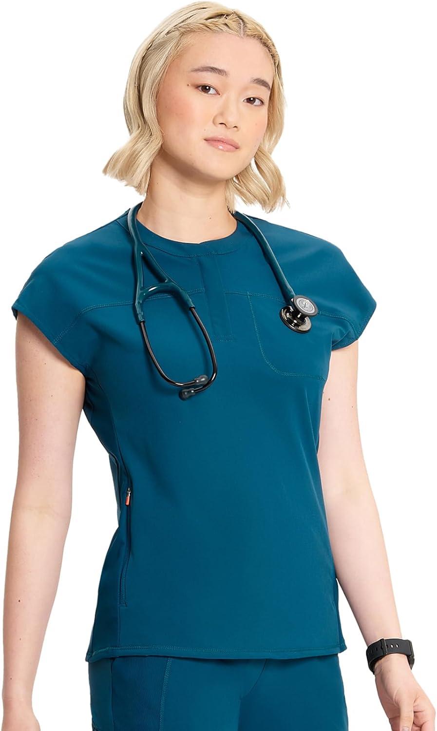 imageCherokee Infinity Womens Round Neck Scrub Top Partial Zip Covered Placket 3 Zip Pockets PROTX2 Technology IN622ACaribbean Blue