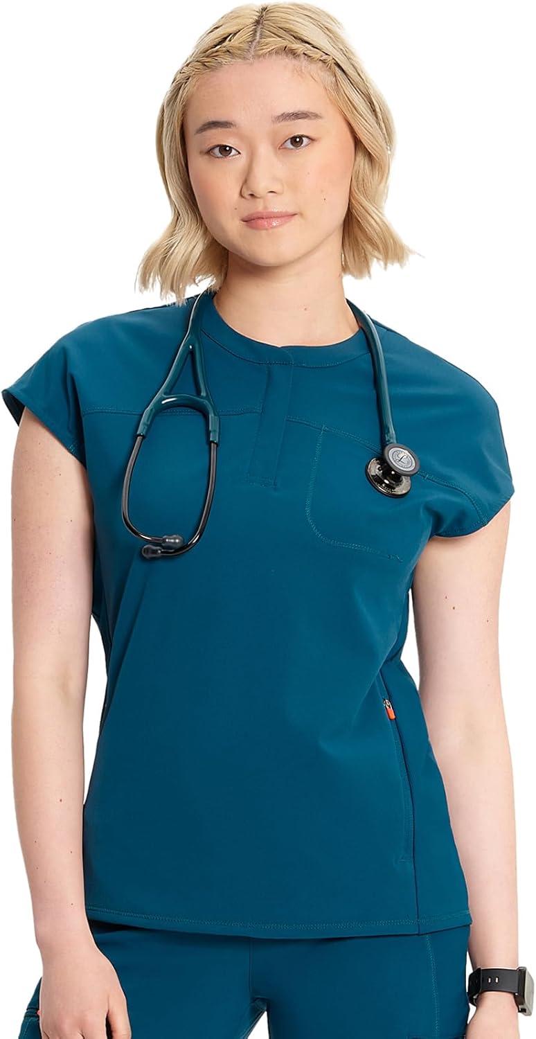 imageCherokee Infinity Womens Round Neck Scrub Top Partial Zip Covered Placket 3 Zip Pockets PROTX2 Technology IN622ACaribbean Blue