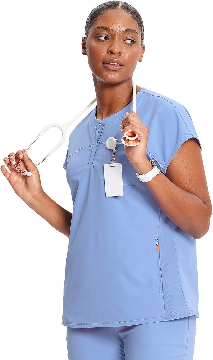 imageCherokee Infinity Womens Round Neck Scrub Top Partial Zip Covered Placket 3 Zip Pockets PROTX2 Technology IN622ACiel