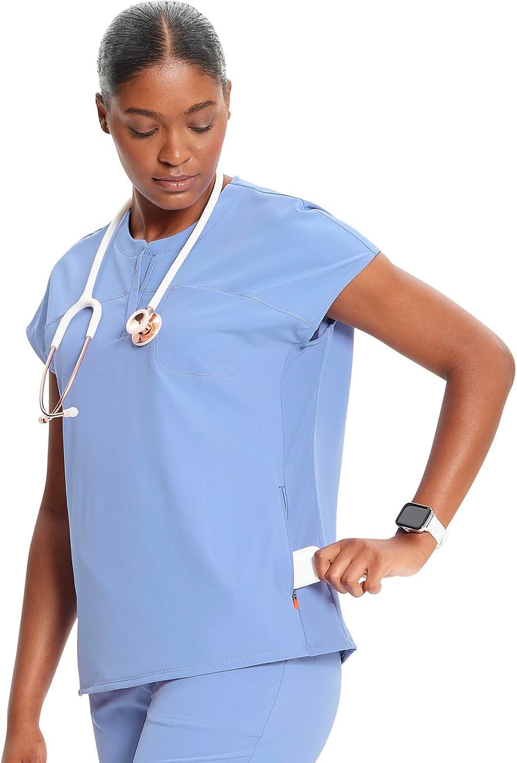 imageCherokee Infinity Womens Round Neck Scrub Top Partial Zip Covered Placket 3 Zip Pockets PROTX2 Technology IN622ACiel