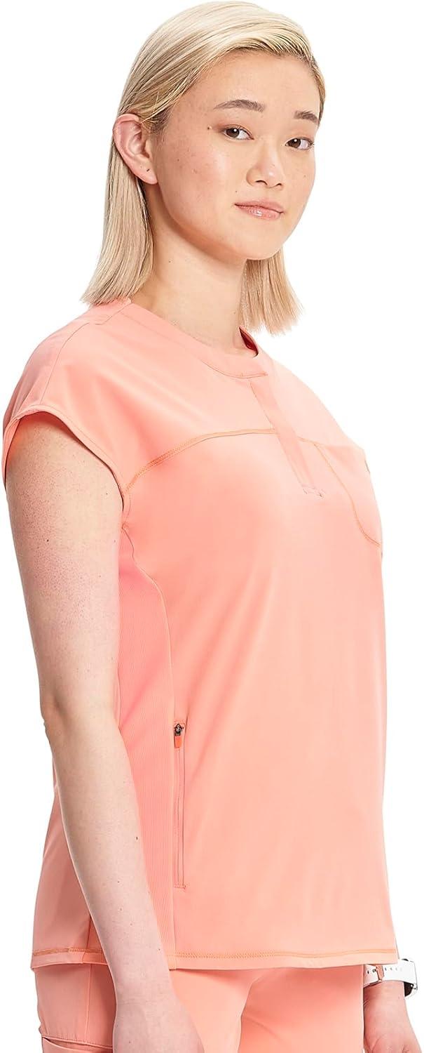 imageCherokee Infinity Womens Round Neck Scrub Top Partial Zip Covered Placket 3 Zip Pockets PROTX2 Technology IN622AElectric Coral