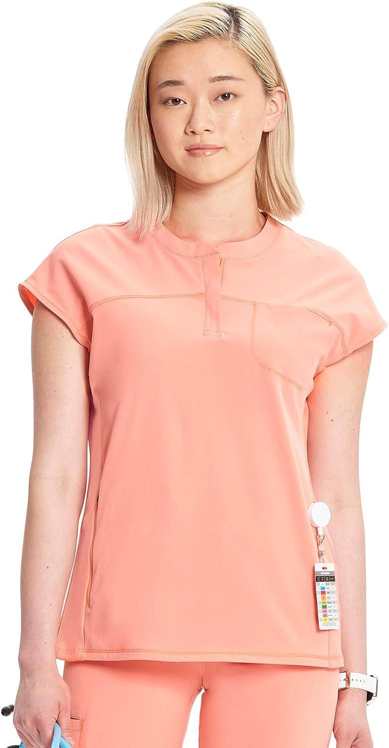 imageCherokee Infinity Womens Round Neck Scrub Top Partial Zip Covered Placket 3 Zip Pockets PROTX2 Technology IN622AElectric Coral