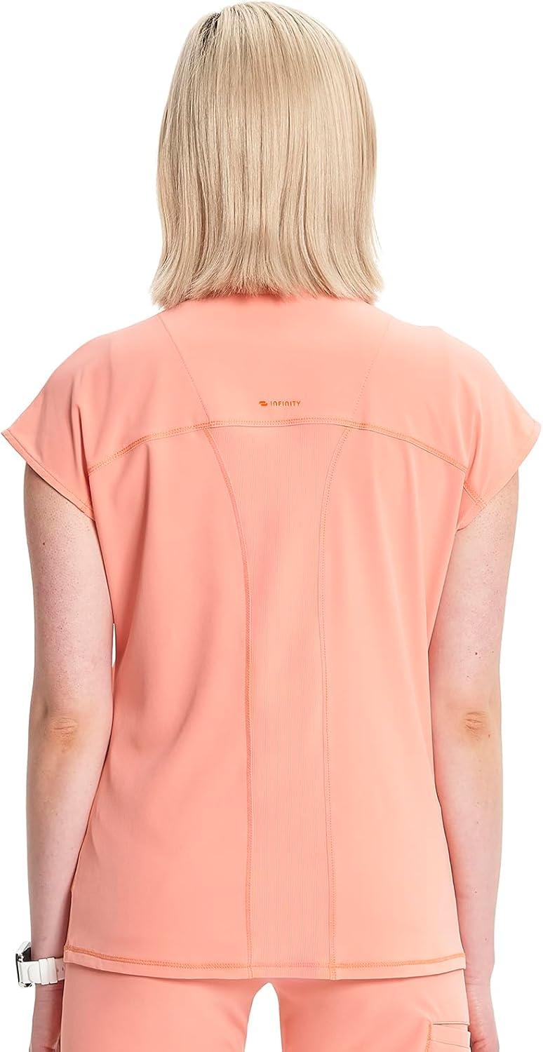 imageCherokee Infinity Womens Round Neck Scrub Top Partial Zip Covered Placket 3 Zip Pockets PROTX2 Technology IN622AElectric Coral