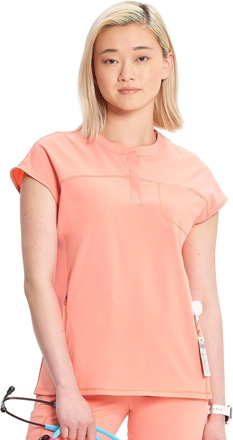 imageCherokee Infinity Womens Round Neck Scrub Top Partial Zip Covered Placket 3 Zip Pockets PROTX2 Technology IN622AElectric Coral