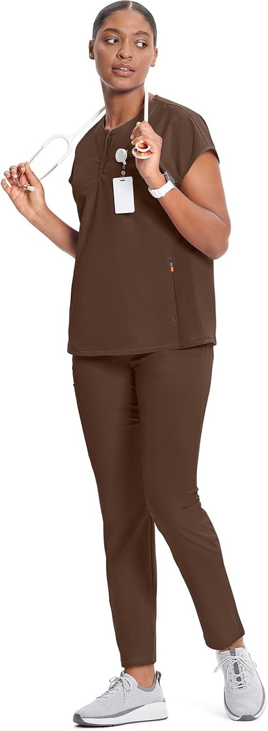 imageCherokee Infinity Womens Round Neck Scrub Top Partial Zip Covered Placket 3 Zip Pockets PROTX2 Technology IN622AEspresso Express