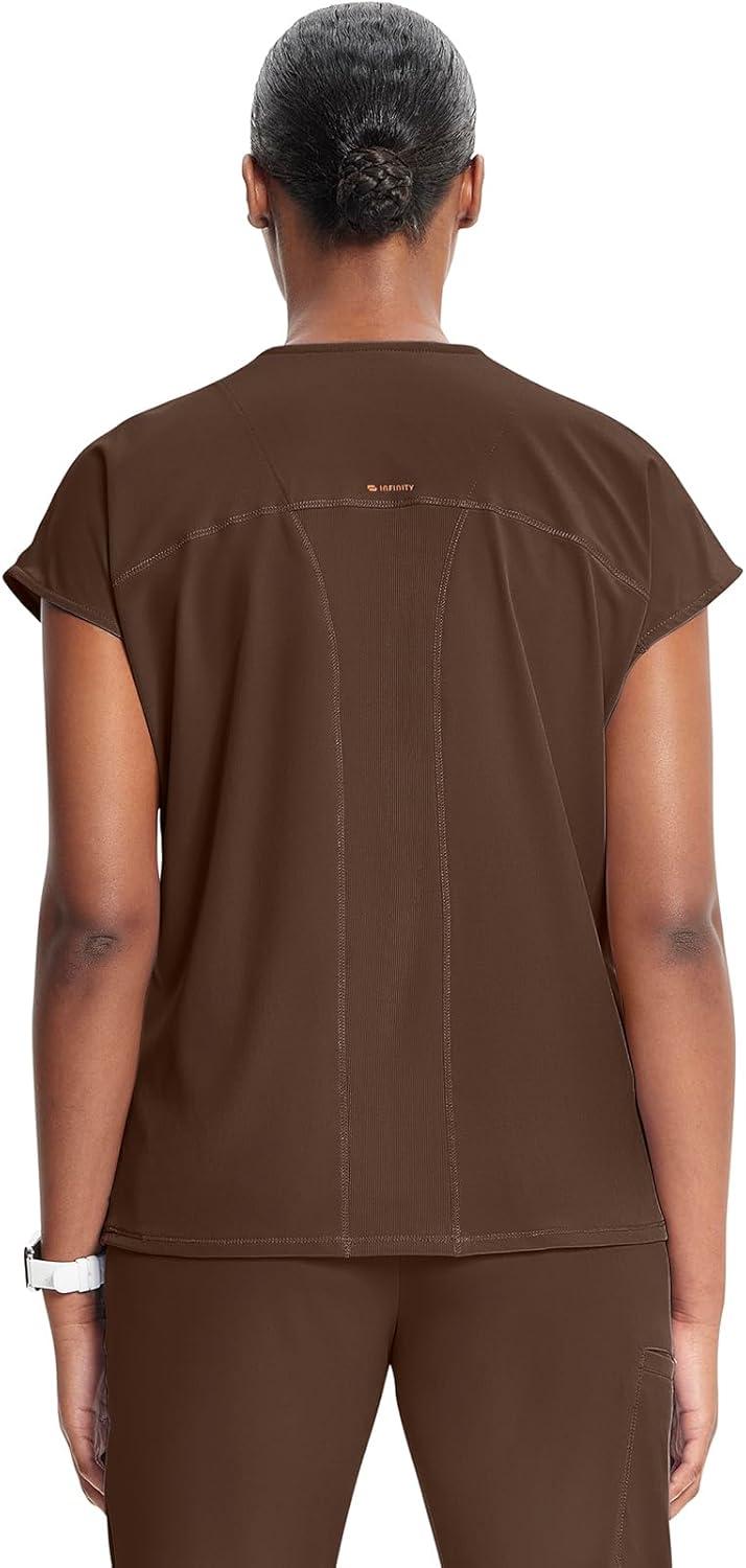 imageCherokee Infinity Womens Round Neck Scrub Top Partial Zip Covered Placket 3 Zip Pockets PROTX2 Technology IN622AEspresso Express