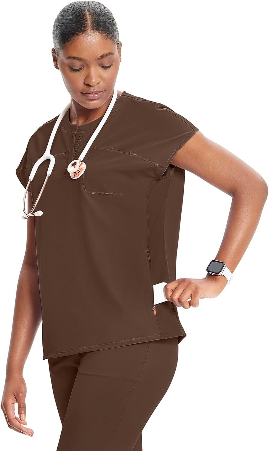 imageCherokee Infinity Womens Round Neck Scrub Top Partial Zip Covered Placket 3 Zip Pockets PROTX2 Technology IN622AEspresso Express