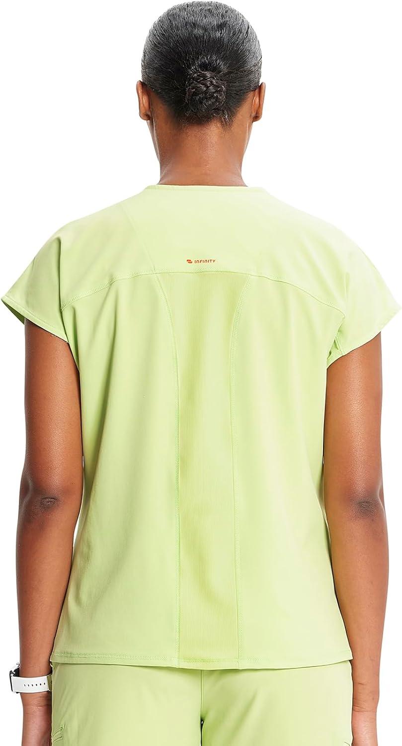 imageCherokee Infinity Womens Round Neck Scrub Top Partial Zip Covered Placket 3 Zip Pockets PROTX2 Technology IN622AGreen Energy