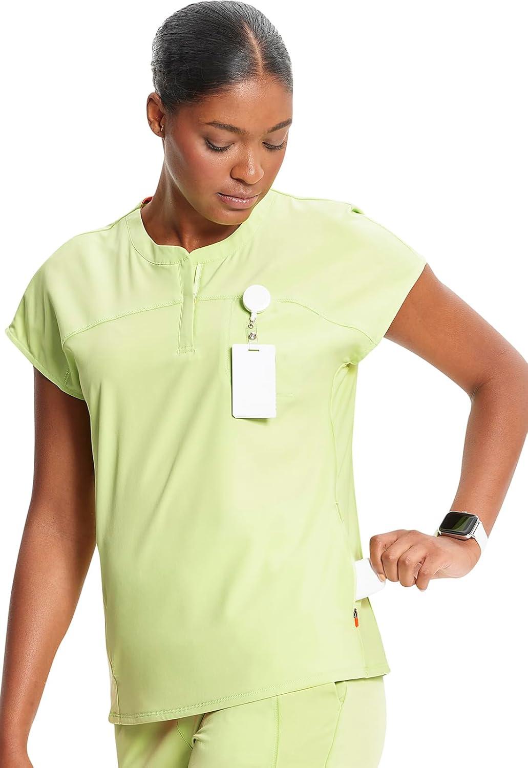 imageCherokee Infinity Womens Round Neck Scrub Top Partial Zip Covered Placket 3 Zip Pockets PROTX2 Technology IN622AGreen Energy