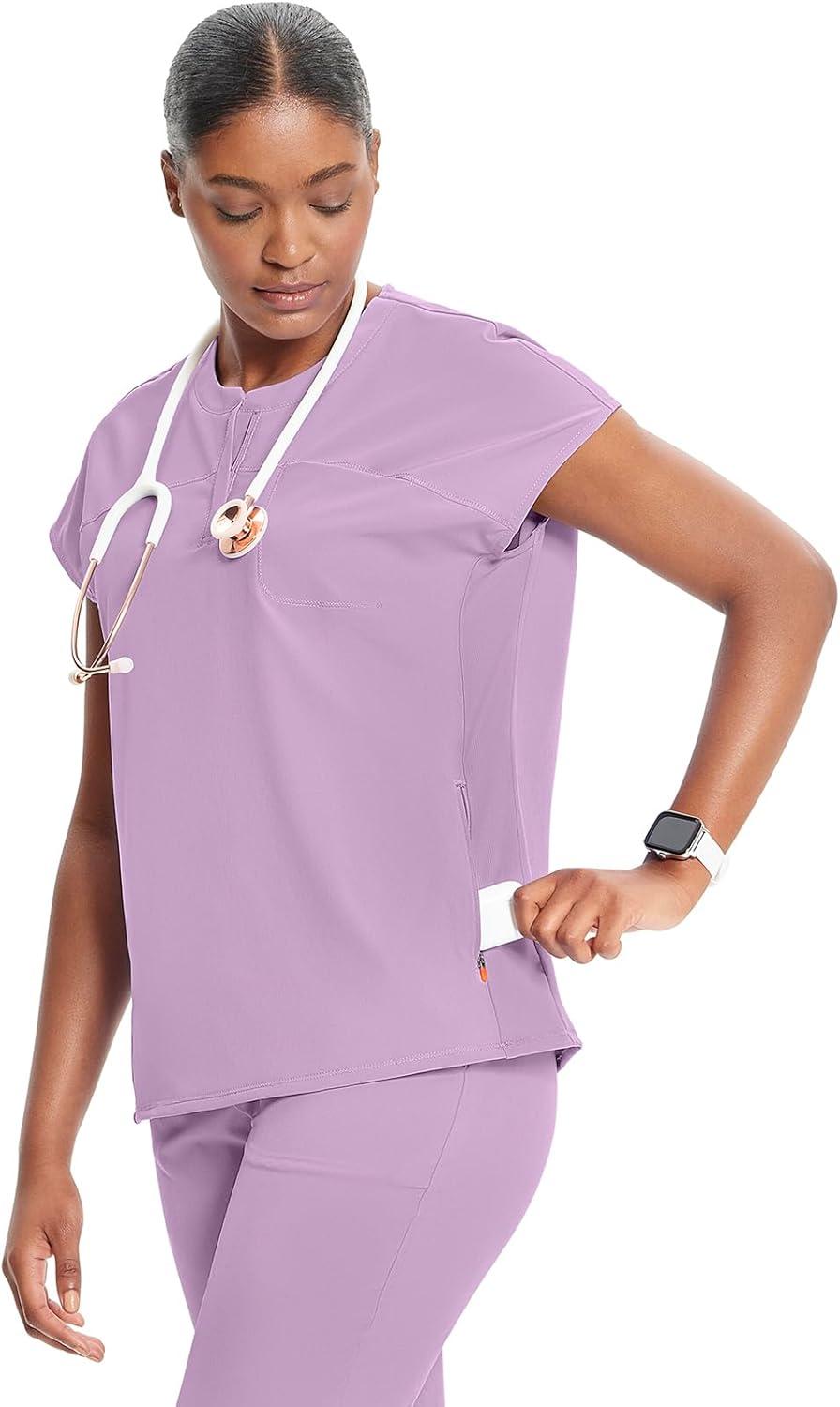 imageCherokee Infinity Womens Round Neck Scrub Top Partial Zip Covered Placket 3 Zip Pockets PROTX2 Technology IN622ALivewire Lilac