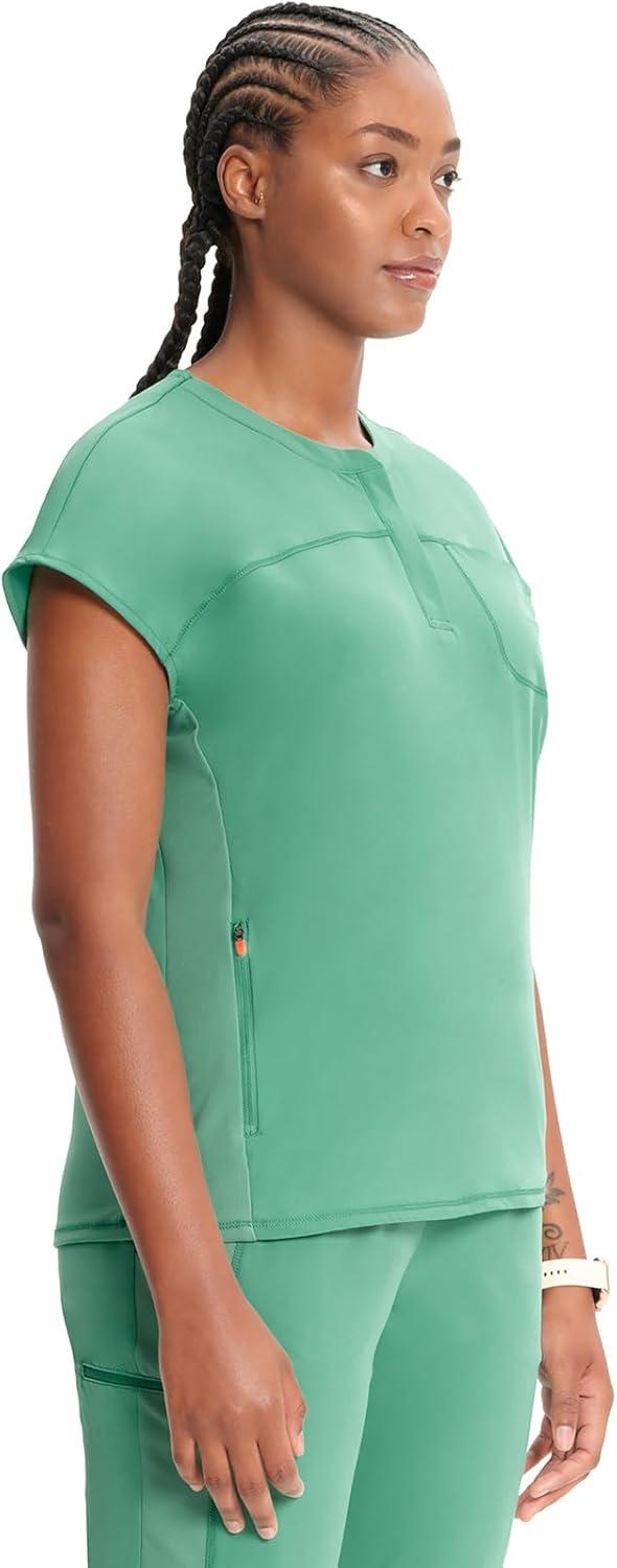 imageCherokee Infinity Womens Round Neck Scrub Top Partial Zip Covered Placket 3 Zip Pockets PROTX2 Technology IN622AMatcha Latte