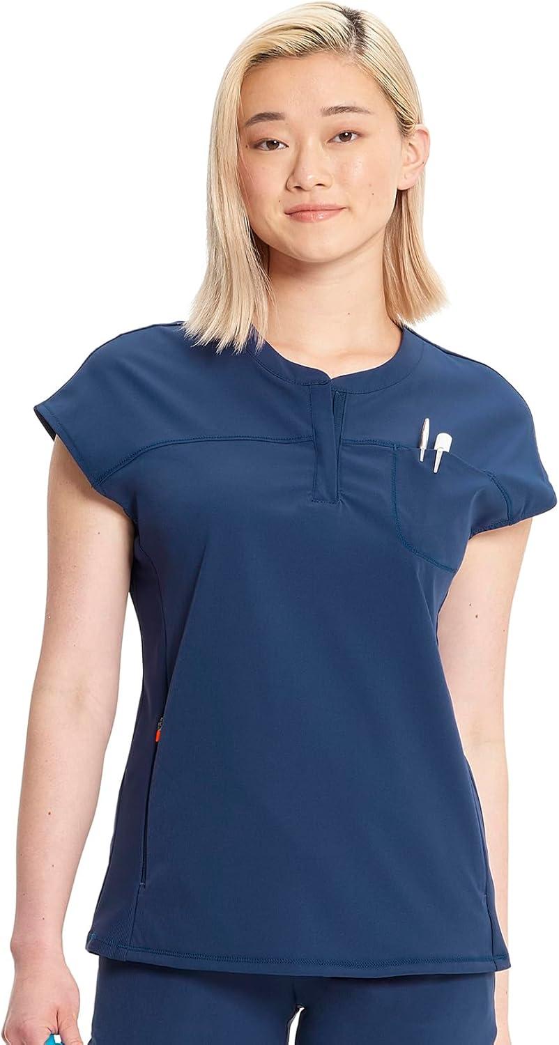 imageCherokee Infinity Womens Round Neck Scrub Top Partial Zip Covered Placket 3 Zip Pockets PROTX2 Technology IN622ANavy
