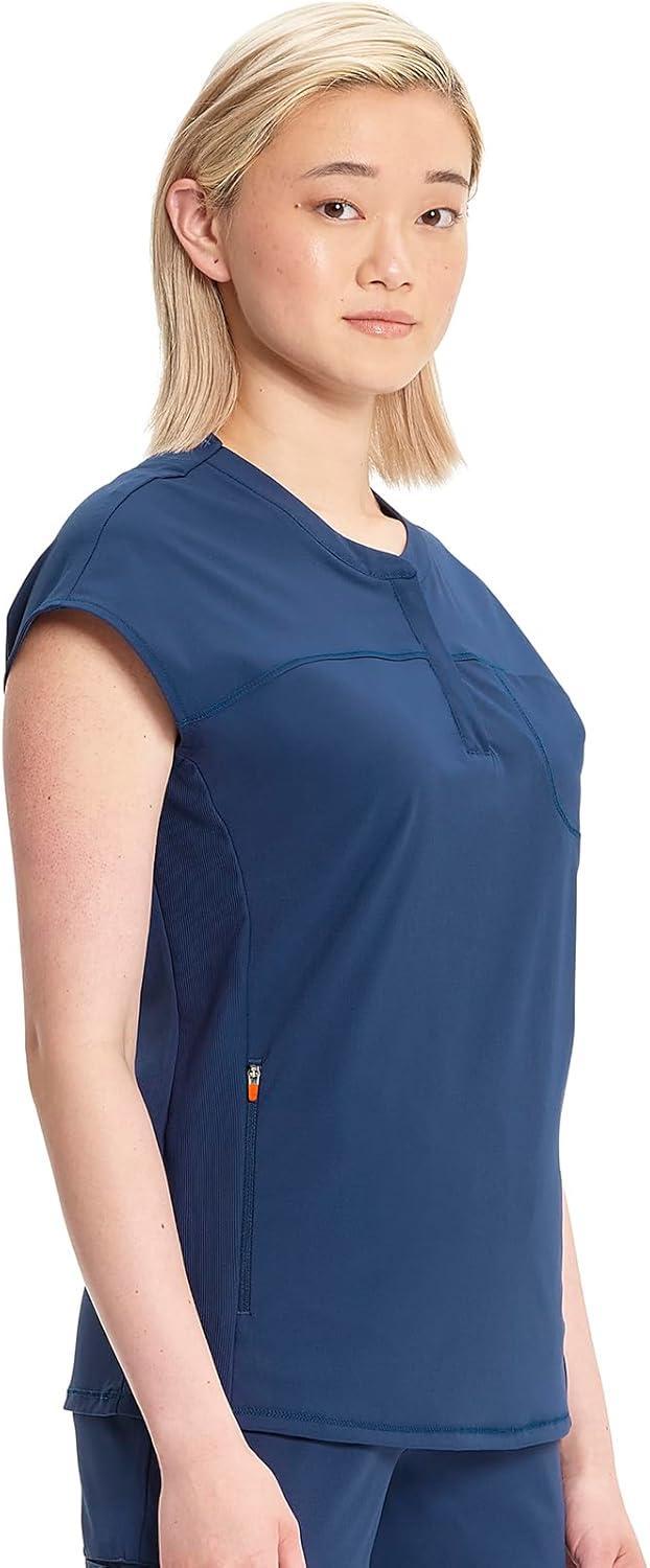 imageCherokee Infinity Womens Round Neck Scrub Top Partial Zip Covered Placket 3 Zip Pockets PROTX2 Technology IN622ANavy