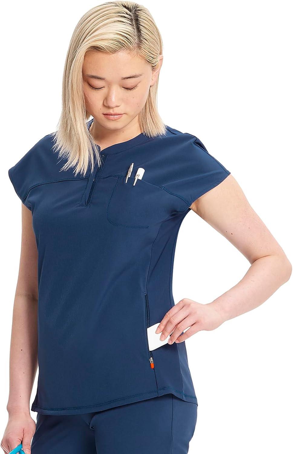 imageCherokee Infinity Womens Round Neck Scrub Top Partial Zip Covered Placket 3 Zip Pockets PROTX2 Technology IN622ANavy