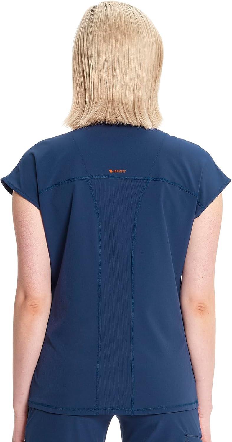 imageCherokee Infinity Womens Round Neck Scrub Top Partial Zip Covered Placket 3 Zip Pockets PROTX2 Technology IN622ANavy