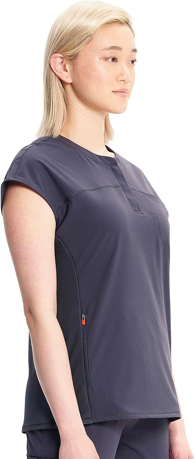 imageCherokee Infinity Womens Round Neck Scrub Top Partial Zip Covered Placket 3 Zip Pockets PROTX2 Technology IN622APewter