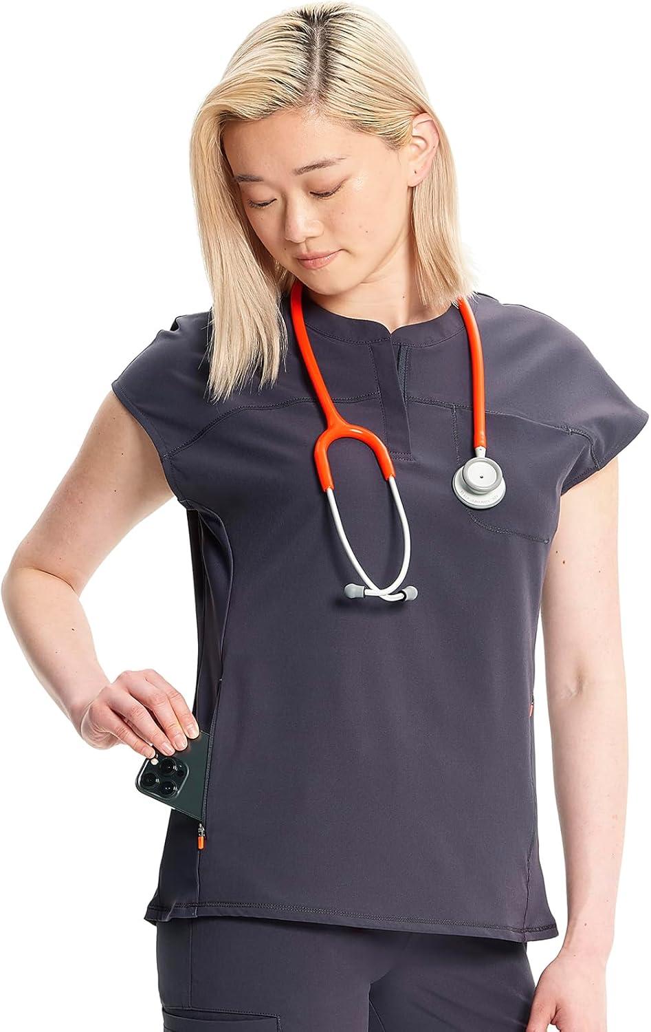 imageCherokee Infinity Womens Round Neck Scrub Top Partial Zip Covered Placket 3 Zip Pockets PROTX2 Technology IN622APewter