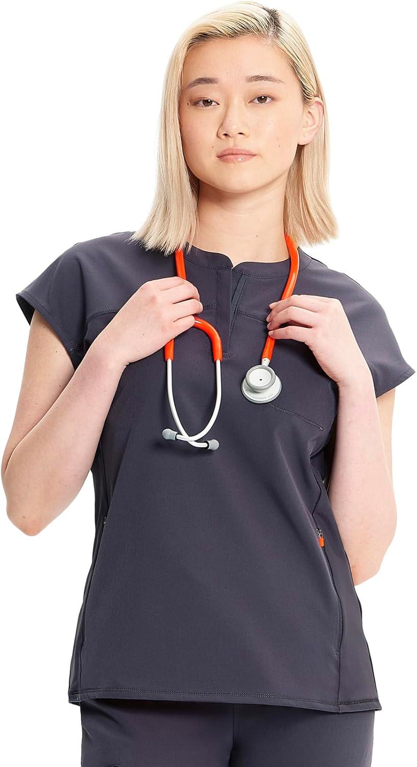 imageCherokee Infinity Womens Round Neck Scrub Top Partial Zip Covered Placket 3 Zip Pockets PROTX2 Technology IN622APewter