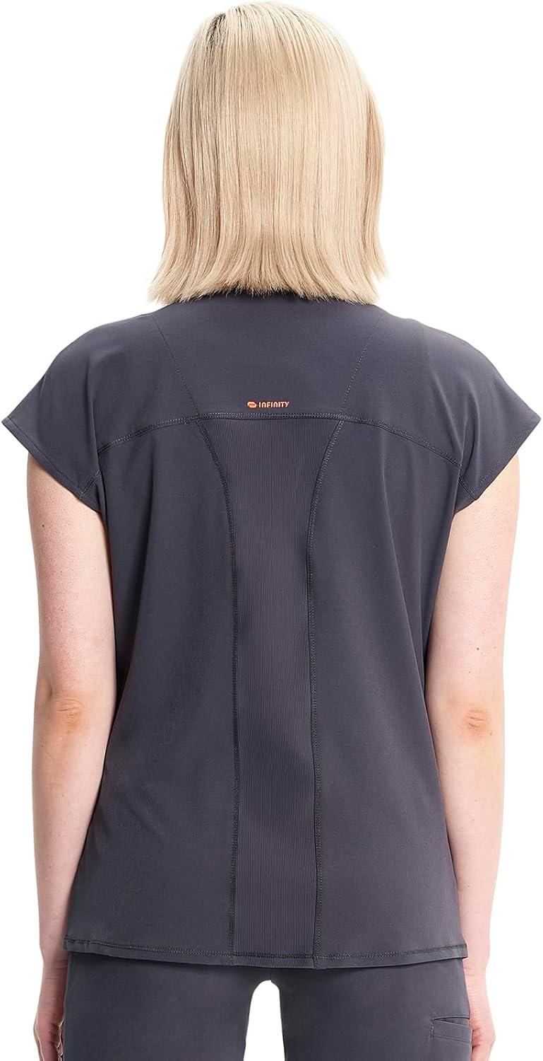 imageCherokee Infinity Womens Round Neck Scrub Top Partial Zip Covered Placket 3 Zip Pockets PROTX2 Technology IN622APewter