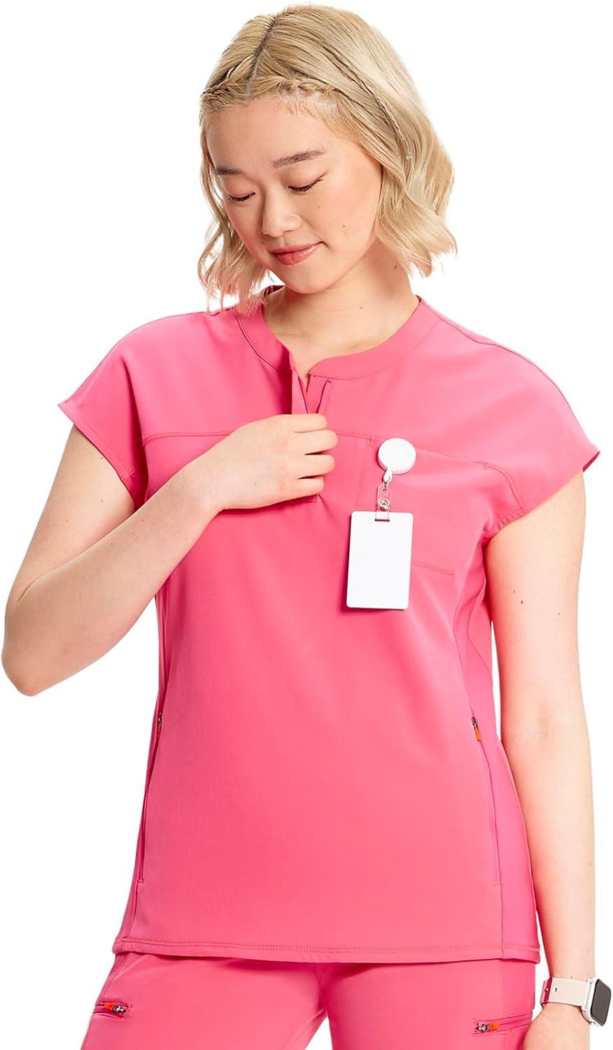 imageCherokee Infinity Womens Round Neck Scrub Top Partial Zip Covered Placket 3 Zip Pockets PROTX2 Technology IN622APower Pink