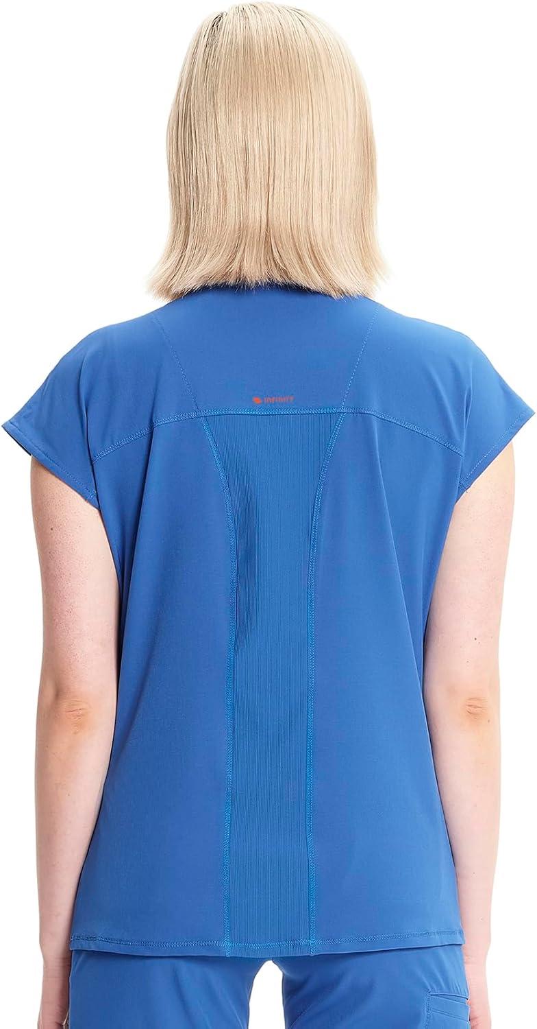 imageCherokee Infinity Womens Round Neck Scrub Top Partial Zip Covered Placket 3 Zip Pockets PROTX2 Technology IN622ARoyal