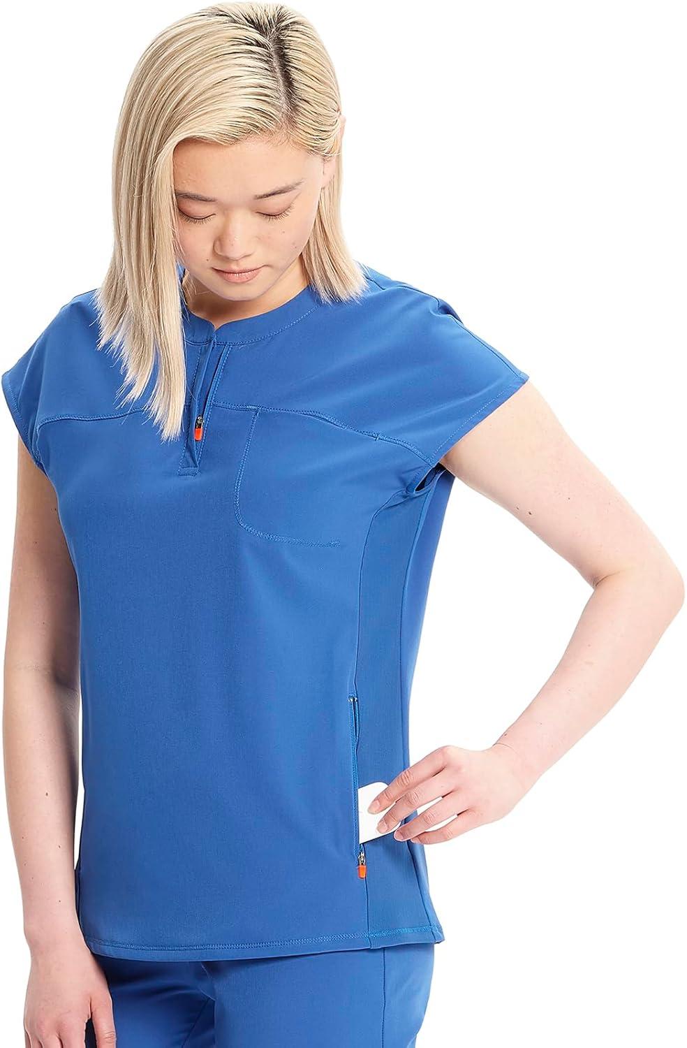 imageCherokee Infinity Womens Round Neck Scrub Top Partial Zip Covered Placket 3 Zip Pockets PROTX2 Technology IN622ARoyal