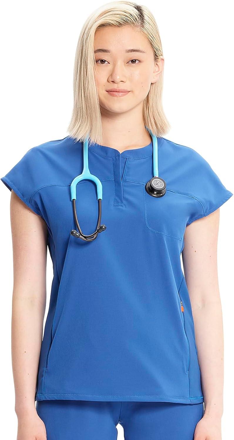 imageCherokee Infinity Womens Round Neck Scrub Top Partial Zip Covered Placket 3 Zip Pockets PROTX2 Technology IN622ARoyal