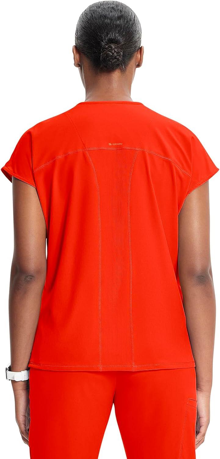 imageCherokee Infinity Womens Round Neck Scrub Top Partial Zip Covered Placket 3 Zip Pockets PROTX2 Technology IN622AVivid Orange