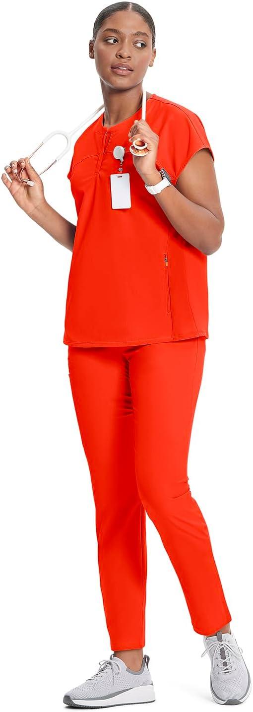 imageCherokee Infinity Womens Round Neck Scrub Top Partial Zip Covered Placket 3 Zip Pockets PROTX2 Technology IN622AVivid Orange