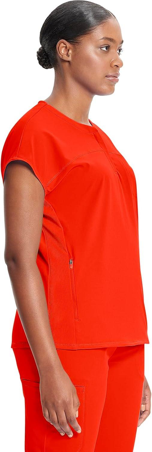 imageCherokee Infinity Womens Round Neck Scrub Top Partial Zip Covered Placket 3 Zip Pockets PROTX2 Technology IN622AVivid Orange