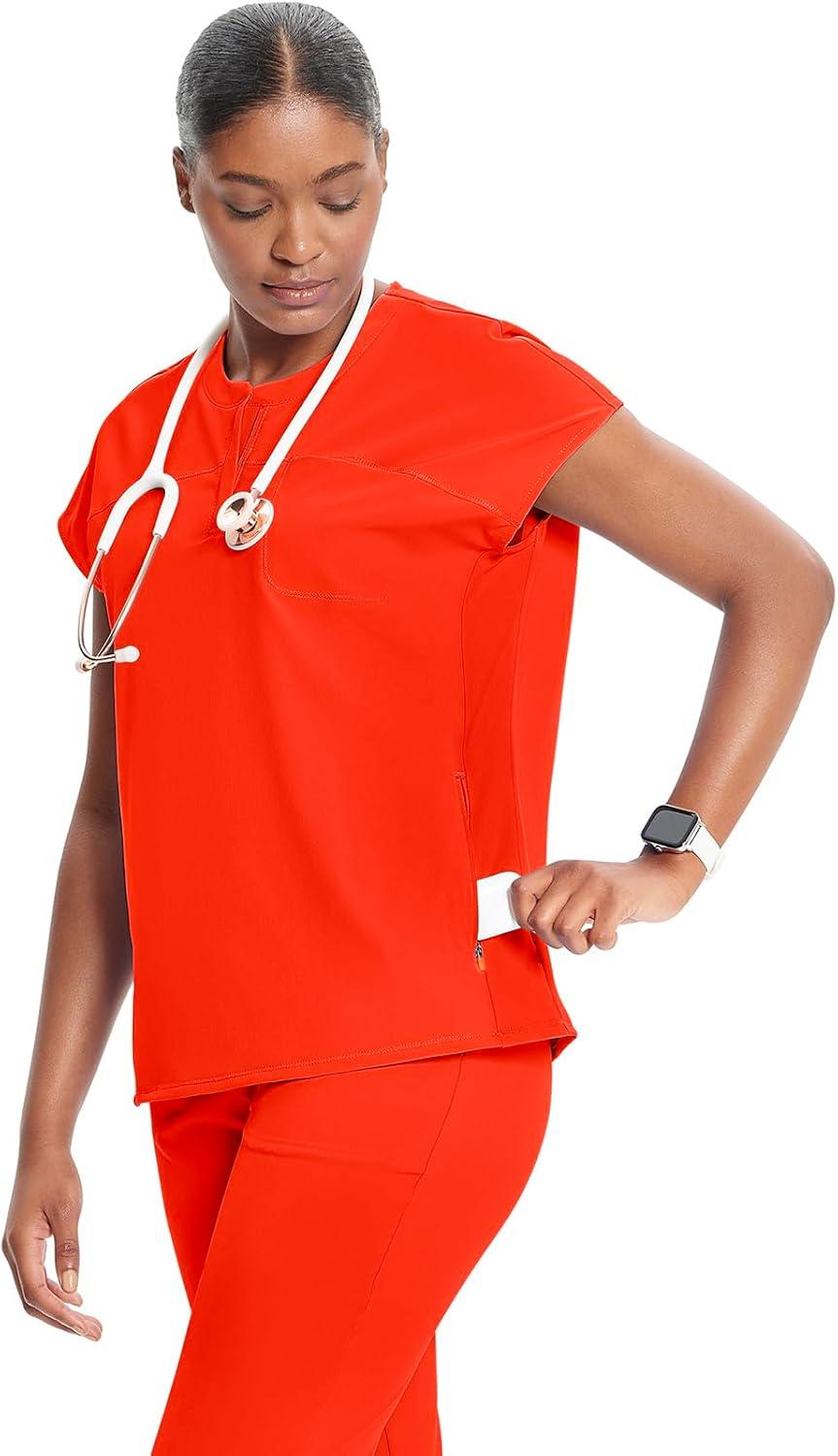imageCherokee Infinity Womens Round Neck Scrub Top Partial Zip Covered Placket 3 Zip Pockets PROTX2 Technology IN622AVivid Orange